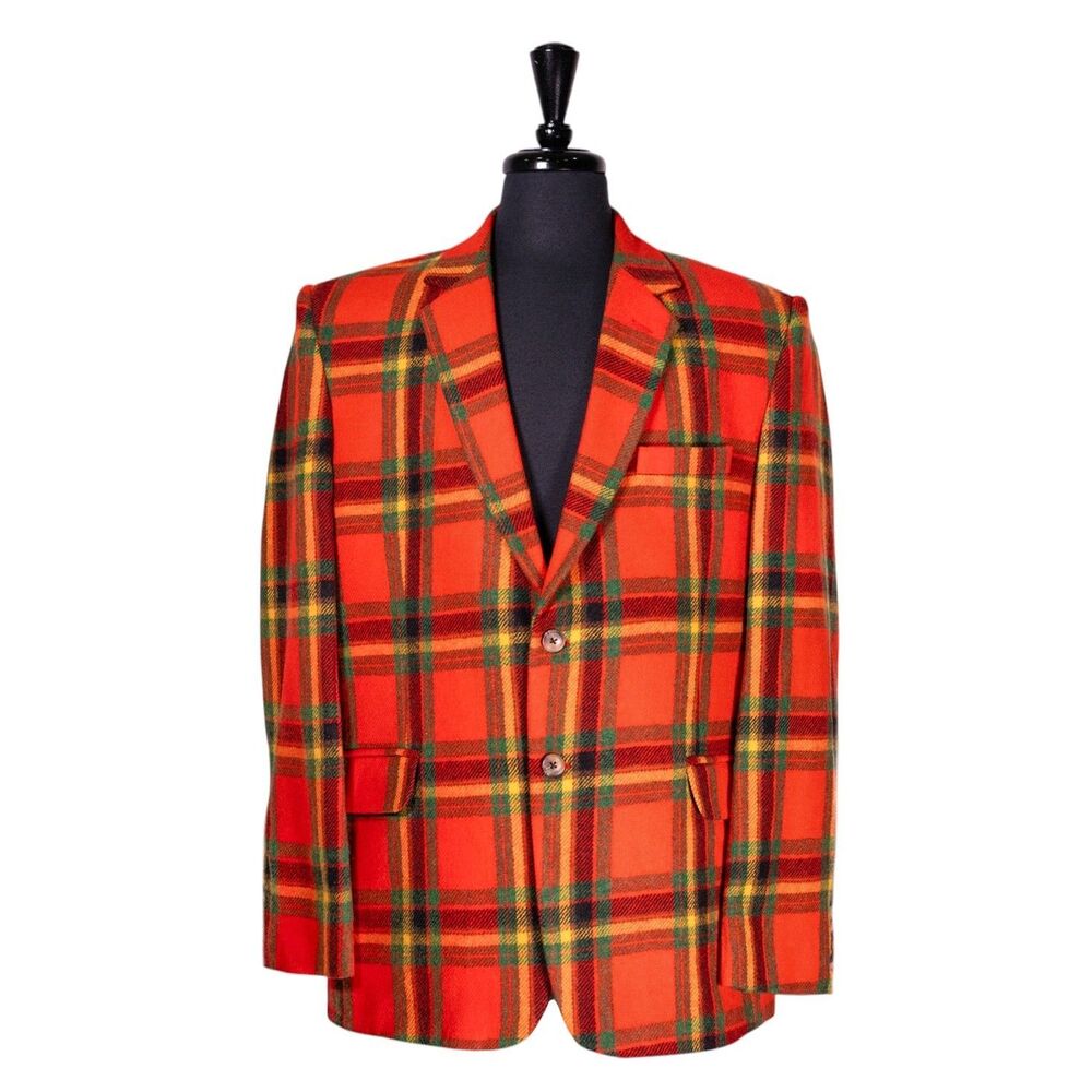 Mens Lambswool Blazer 44R Orange Green Tartan Plaid Sport Coat Jacket Preppy - Picture 2 of 10